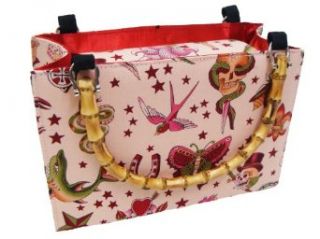 US HANDMADE FASHION Skulls Tattoo Day of the Dead Rockabilly USA Handmade handbag purse with bamboo handle Alexander Henry fabrics, PINK COLOR, BX BAMBOO1153: Top Handle Handbags: Clothing