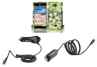 LG Spirit 4G MS870   Accessory Combo Kit   Green Hibiscus Butterfly Flower Design Shield Case + Atom LED Keychain Light + Wall Charger + Car Charger: Cell Phones & Accessories