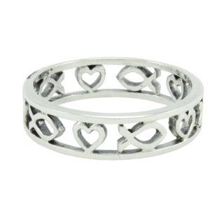 Christian Women's Abstinence Sterling Silver 5mm Cutout Heart & Jesus Ichthus Fish Ring   Purity Ring for Girls: Silver Ring For Daughter: Jewelry