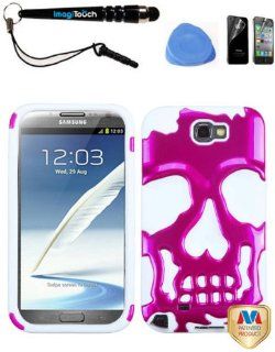 IMAGITOUCH(TM) SAMSUNG Galaxy Note II (T889 I605 N7100) Metallic Hot Pink Solid White Skullcap Hybrid Soft Silicone Skin Hard Shell Case Protector Cover 4 Item Combo AntiGlare Screen Protector, Stylus Pen, Pry Tool, Phone Cover Cell Phones & Accessor