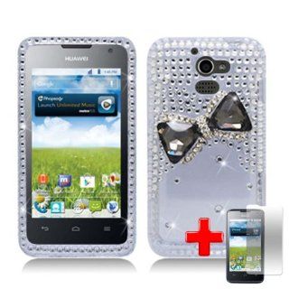 Huawei Premia 4G M931 (MetroPCS) 2 Piece Snap On 3D Rhinestone/Diamond/Bling Hard Plastic Case Cover, Black Transparent Rhinestone White Cover + LCD Clear Screen Saver Protector: Cell Phones & Accessories