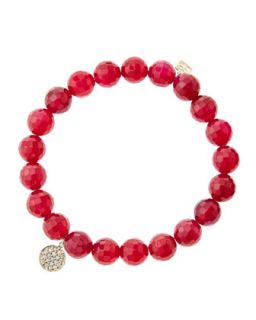 8mm Faceted Red Agate Beaded Bracelet with Mini Yellow Gold Pave Diamond Disc
