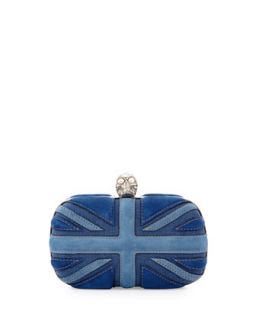 Brittania Suede & Denim Skull Box Clutch, Blue Denim   Alexander McQueen
