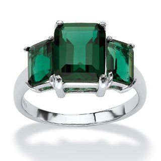 Emerald Cut Green Glass Sterling Silver Mount St. Helens Inspired Triple Stone Ring: Jewelry