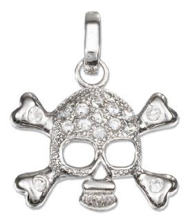Sterling Silver 16x21mm Pave Set Skull with Cubic Zirconia Crossbones Pendant: Charms: Jewelry