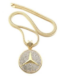 Iced Out Gold Tone Mercedes Benz Pendant w/ 4mm 36" Franco Chain XP933G: Clothing