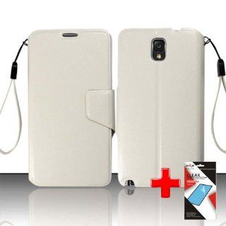 Samsung Galaxy Note 3 N9000   One Piece Synthetic Leather Flip/Fold Over Wallet Case Cover w. Lanyard, White + SCREEN PROTECTOR: Cell Phones & Accessories