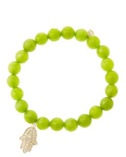 8mm Faceted Lime Jade Beaded Bracelet with 14k Yellow Gold/Diamond Medium Hamsa