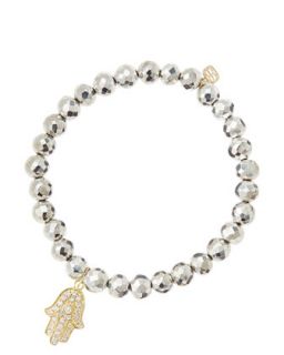 6mm Faceted Silver Pyrite Beaded Bracelet with 14k Yellow Gold/Diamond Medium