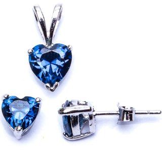 Best Seller Gift Blue Simulated Sapphire Heart Pendant & Earring .925 Sterling Silver Set: Oxford Diamond Co: Jewelry