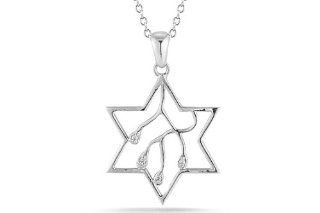 14K White Gold Polish Finish Open "Star of David" Judaica Pendant Centered with the "Tree of Life" Accented with Diamonds (0.03 cttw, G H Color, SI1 SI2 Clarity). Made in Israel.: Jewelry