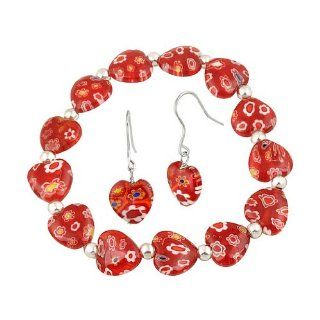 Sterling Silver Red Murano Glass Heart Millefiori Flower Stretch Bracelet & Earrings Set Jewelry
