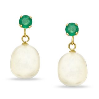 5mm Cultured Freshwater Pearl and Emerald Drop Earrings in 14K