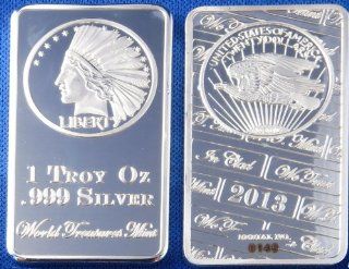 2013 1 Troy Ounce .999 Silver Clad Incuse Indian Head Liberty Eagle 20 dollars, 1907 Novelty Bar   World Treasures Mint's Top 15 U.S. Currency Coin Designs Series 