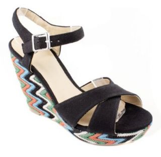 Gartel! By Delicious Muti Color ZigZag CrissCross Ankle Strapped Platform Wedge in Black Canvas: Sandals: Shoes
