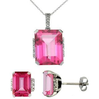 10K White Gold Natural Octagon Pink Topaz Earrings & Pendant Set Diamond Accents: Earring And Pendant Sets: Jewelry