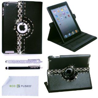 ECO FUSED Bling 360 Rotating iPad 3 Leather Case with Sparkling Rhinstone Details / One Silver Stylus /One Black Stylus   Microfiber Cleaning Cloth 5.5x3.0 Inch included  Silver Black White Rhinestones: Computers & Accessories