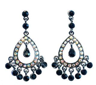Earrings   E67   Crystal Oval Chandelier ~ Clear AB and Black: Jewelry