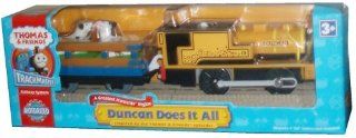 Trackmaster Railway System   Thomas and Friends Motorized Road and Rail Battery Powered Tank Engine : Duncan Does It All with Duncan Engine and Farm Wagon with 2 Cows Plus Two Straight Tracks: Toys & Games