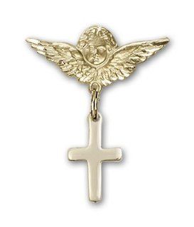 14kt Gold Baby Badge with Cross Charm and Angel w/Wings Badge Pin: Jewelry