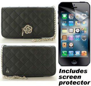 Black Plush Faux Leather Folio Bling Flower Cover Case & Screen Protector for Apple iPhone 4S 4: Cell Phones & Accessories