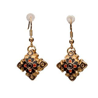 Womens Small Golden Bollywood Style Flower Motif Dangle Earrings: Jewelry