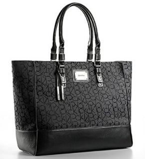 Calvin Klein Womens Logo Jacquard Fabric Shopper Tote Shoulder Bag Handbag (Black): Shoes