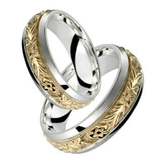 Orazio   7 mm Beautiful 10K Yellow Gold & .925 Sterling Silver wide Wedding Engagement Love Gift Band Set Stunning Two Tone Comfort Fit for men And Woman's Fashion   Elegant Floral Design in Centre Available as a Set Custom Made Choose your Size Al