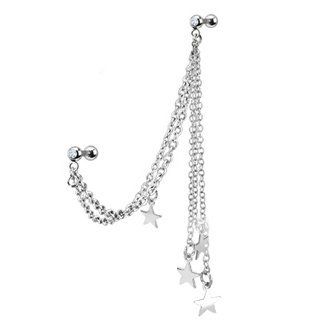 316L Surgical Steel Mutli Chain Linked Dangle Stars with Cubic Zirconia Double Cartilage/Tragus Barbell  16G (1.2mm)  1/4" in Length  Chain Approximately 7cm Long  Sold Individually: Jewelry