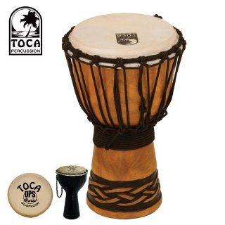 Toca TODJ Origins wood Djembe with 7 inch hand selected goatskin head and Celtic Knot finish. Also includes Toca Shaker (#TDS DPS) ": Musical Instruments