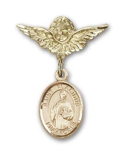 JewelsObsession's Gold Filled Baby Badge with St. Placidus Charm and Angel with Wings Badge Pin: Jewels Obsession: Jewelry