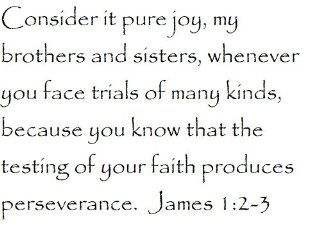 Consider it pure joy, my brothers and sisters, whenever you face trials of many kinds, because you know that the testing of your faith produces perseverance. James 12 3   Wall and home scripture, lettering, quotes, images, stickers, decals, art, and more