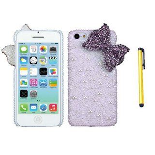 Hard Plastic Snap on Cover Fits Apple iPhone 5C Lite Purple Bow Pearl 3D Diamond Back + A Gold Color Stylus/Pen AT&T, Verizon, T Mobile, Boost Moblie, Sprint (does NOT fit Apple iPhone or iPhone 3G/3GS or iPhone 4/4S or iPhone 5/5S) Cell Phones & 