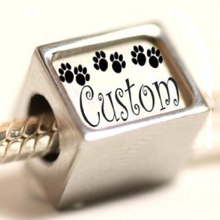 JSC Jewellery Personalised Pandora Style Bead Custom Made Dog Paw Print Pet Name European Bead Fits Pandora Bracelet Add The Name You Want As A Gift Message During Checkout. Ready In A Few Days From The UK.: Jewelry