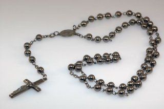 925 Sterling Silver Black Beaded Rosary Style Necklace with Black Cross Jewelry