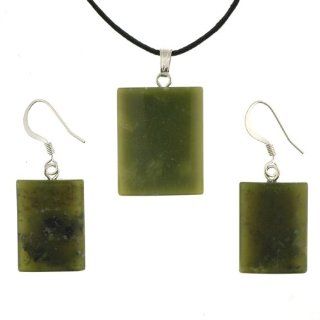 British Columbian Sepentine Jade Dome Rectangle Pendant and Earring Set   Pendant 18mm x 22mm, Earrings 14mm x 18mm   Adjustable Cord Necklace: Jewelry Sets: Jewelry