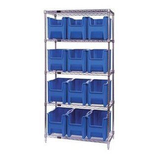 Quantum Storage Systems WR5 600BL 5 Tier Complete Wire Shelving System with 12 QGH600 Blue Giant Stack Bins, Chrome Finish, 18" Width x 36" Length x 74" Height: Industrial & Scientific