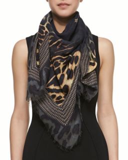 Square Silk Wool Shaded Leopard Logo Scarf   Givenchy   Black leopard