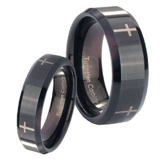 His and Hers 2pcs Tungsten 4 Crosses Black Pipe Cut Ring Set Size 4, 7: Jewelry