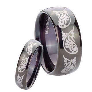 His and Hers 2pcs Tungsten Etched Design Shiny Black Dome Ring Set Size 4, 7 Wedding Bands Jewelry