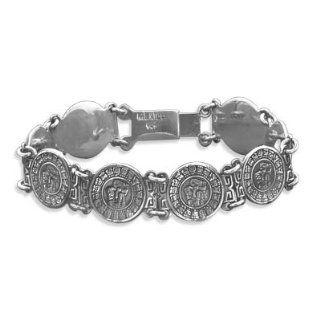 23117 7.75" oxidized sterling silver Mayan Calendar link bracelet. The calendar links measure 15.8mm each. This bracelet has a slide lock closure. .925 Sterling Silver indian native americans mexico chain bracelet circle stone precious metal girl woma