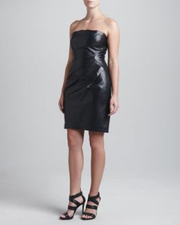 Womens Leather Strapless Asymmetric Dress   J. Mendel   Navy (8)