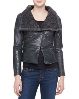 Womens Leather Moto Jacket with Knit Collar   Bagatelle   Forest green (X 