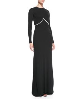 Womens Long Sleeve Pearl Strung Open Back Gown, Black   Cushnie et Ochs  