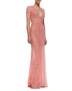 Womens Short Sleeve Lace Column Gown, Coral   Naeem Khan   Coral (10)