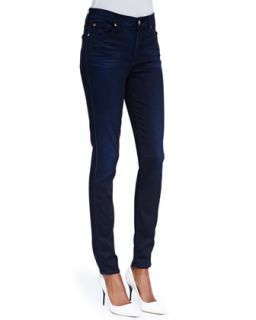 Womens High Waist Skinny Jeans, Blue Black Sateen   7 For All Mankind   Blue