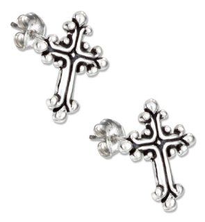 Sterling Silver Mini Bead Edge Cross Earrings on Posts: Stud Earrings: Jewelry