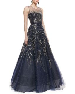 Womens Sleeveless Embellished Ball Gown   Oscar de la Renta   Navy/Silver (4)