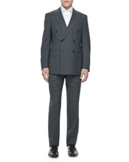 Mens Double Breasted Windowpane Suit, Gray   Ermenegildo Zegna   Gray (46R)