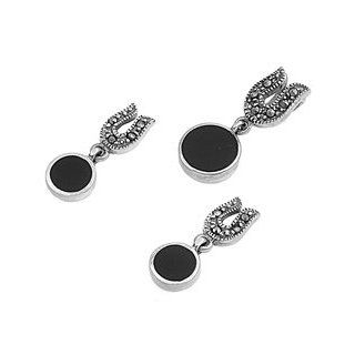BLACK ONYX ROUND DANGLE, Sterling Silver Rim Earrings and Pendant Jewelry Set: Jewelry